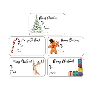 Peut inclure: Cinq étiquettes cadeaux imprimables sur le thème de Noël. Chaque étiquette présente une image festive différente : un sapin de Noël, une canne en sucre, un bonhomme en pain d’épices, un renne et une pile de cadeaux. Chaque étiquette comporte le texte « Merry Christmas ! » et un espace pour écrire « To : » et « From : ».