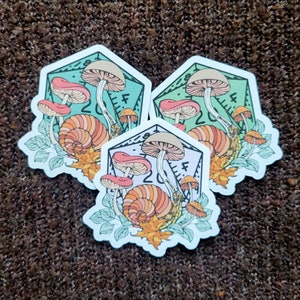 D20 Dungeons and Dragons Dice Sticker Paper or Vinyl Mushroom Snail Cute Fall Autumn Dungeon Master RPG