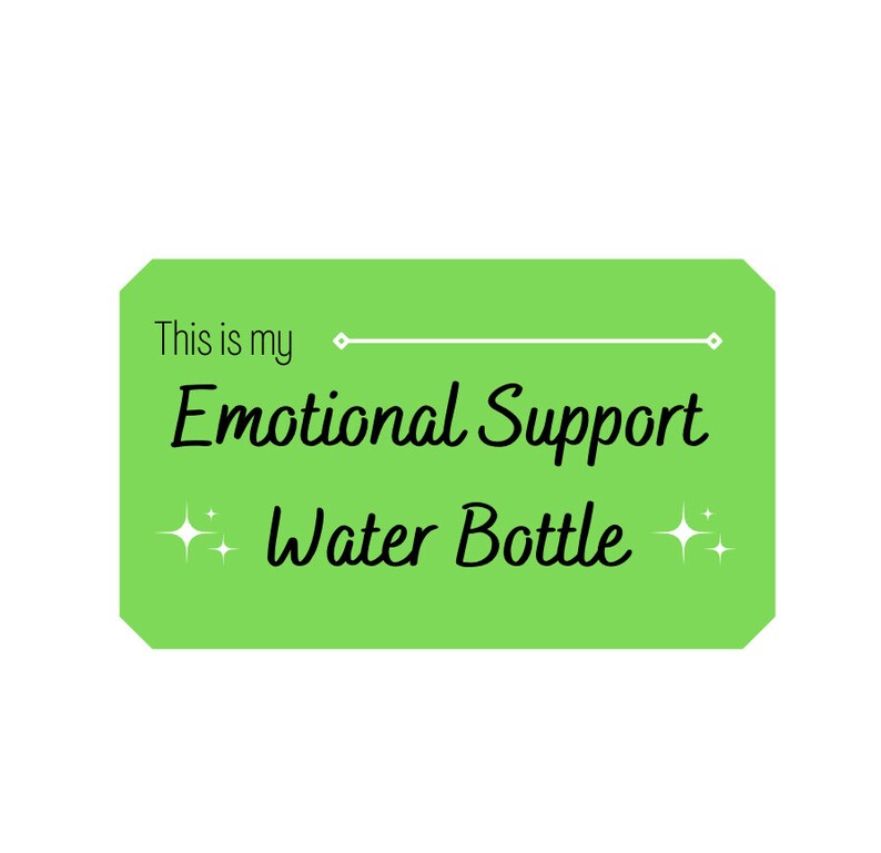 Peut inclure: Autocollant vert aux coins arrondis qui dit "This is my Emotional Support Water Bottle" avec deux &eacute;toiles blanches de chaque c&ocirc;t&eacute; du texte.
