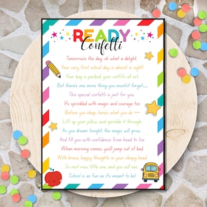 Ready Confetti Printable Poem, First Day of School Tradition, Back to School Eve Activity, Digital Download, Preschool Kindergarten