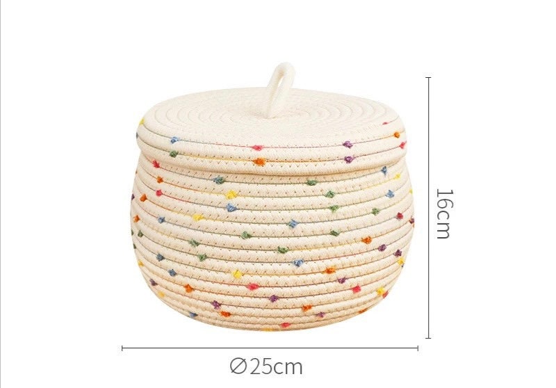 Cotton Rope Storage Basket With Lid and Colored Pom Poms Etsy UK