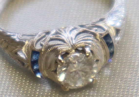 Vintage 14K White Gold Filigree Diamond & Sapphir… - image 10