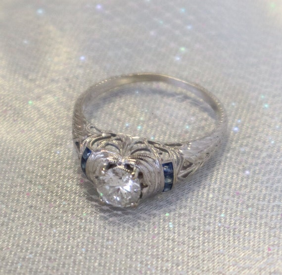 Vintage 14K White Gold Filigree Diamond & Sapphir… - image 5