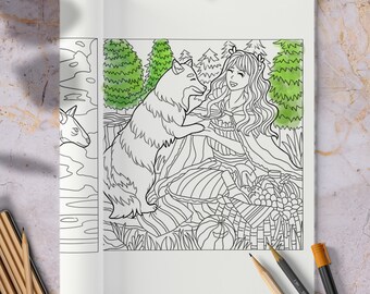 May include: A black and white line drawing of a girl with long hair and a wolf. The girl is wearing a dress and a crown. The wolf is standing on its hind legs and is looking at the girl. The drawing is set in a forest with trees and bushes.