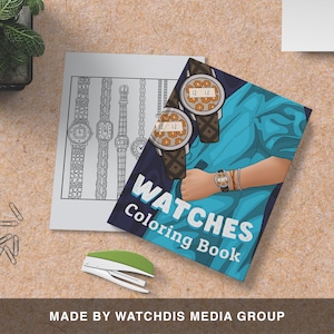 Pode incluir: Uma capa de livro para colorir com uma ilustração colorida de relógios e o texto "Watches Coloring Book".