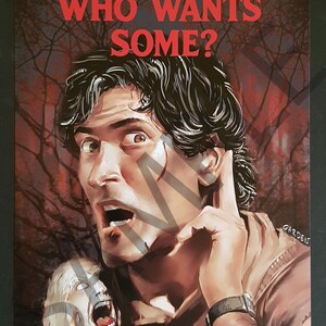 Puede incluir: Ilustración de un hombre sorprendido, señalando hacia arriba. El texto rojo "WHO WANTS SOME?" está en la parte superior. Una criatura gritando está en la parte inferior izquierda. El fondo es una escena oscura llena de árboles.