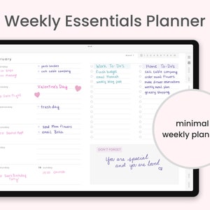 May include: A weekly planner with a pink background and a white border. The planner has a calendar for the month of February and a section for to-do lists. The planner also has a section for notes and a motivational quote that says "You are special and you are loved".