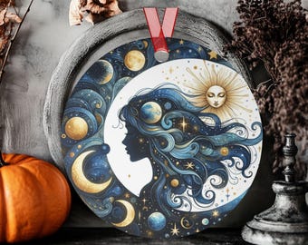 Celestial Moon Goddess Ornament, Witchy Holiday Decor, Stargazer Gift