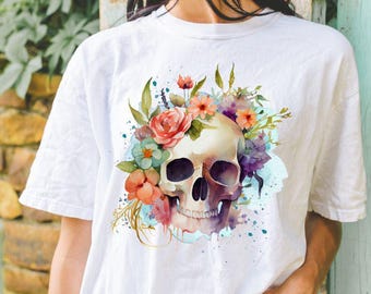 Comfort Colors, Vintage Style, Floral Skull, Romantic Goth Shirt for Nature Lovers, Dark Academia Aesthetic Gift for Her, Soft Goth Tee