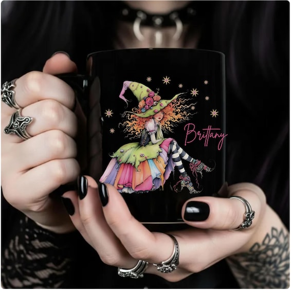 Custom Name Gift, Colorful Boho Witch Black Coffee Mug, Personalized Witchy Gift for Friends, Cute Witch Mug, Whimsical Witch Lover Mug