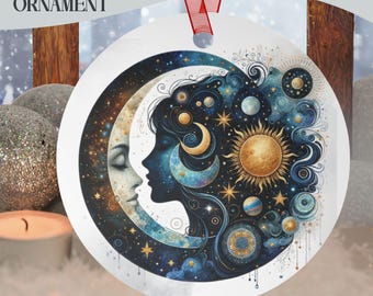 Celestial Moon Goddess Metal Ornament, Witchy Holiday Decor