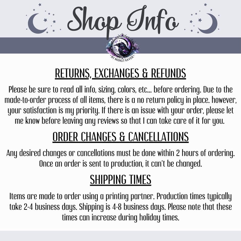 Puede incluir: Gr&aacute;fico de informaci&oacute;n de la tienda con texto sobre devoluciones, cambios, cambios de pedido y tiempos de env&iacute;o. El texto est&aacute; en negro sobre un fondo blanco. El logotipo de la tienda es un cuervo en un c&iacute;rculo.