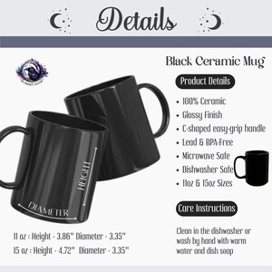 Puede incluir: Se muestran dos tazas de cer&aacute;mica negra con acabado brillante, una ligeramente detr&aacute;s de la otra. La imagen incluye detalles del producto: 100% cer&aacute;mica, asa en forma de C, apto para microondas y lavavajillas, y disponible en tama&ntilde;os de 11 oz y 15 oz. La taza de 11 oz mide 9,8 cm de alto y 8,5 cm de di&aacute;metro.