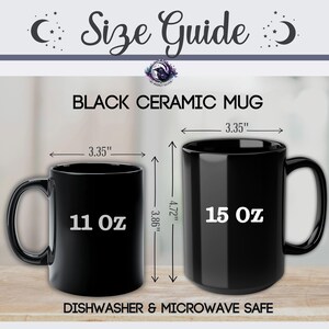Puede incluir: Gu&iacute;a de tallas de tazas de cer&aacute;mica negra. La imagen muestra dos tazas negras con medidas. La taza de 11 oz mide 9,8 cm de alto y 8,5 cm de ancho. La taza de 15 oz mide 12 cm de alto y 8,5 cm de ancho. Apto para lavavajillas y microondas.