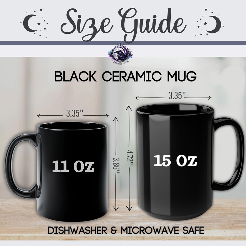 Puede incluir: Gu&iacute;a de tallas de tazas de cer&aacute;mica negra. La imagen muestra dos tazas negras con medidas. La taza de 11 oz mide 9,8 cm de alto y 8,5 cm de ancho. La taza de 15 oz mide 12 cm de alto y 8,5 cm de ancho. Apto para lavavajillas y microondas.