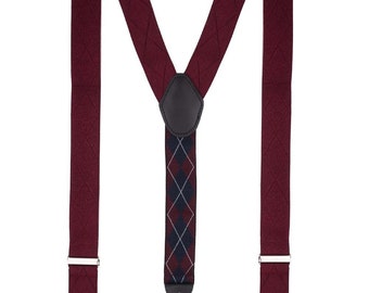 Diamond Tip Maroon and Black Elastic Suspenders - Groomsmen Suspenders, Gift for Men, Gift for Him, Holiday Gift, Christmas Gift