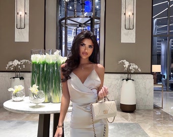 Satin Mini Dress: Asymmetrical Draped Open Back Halter