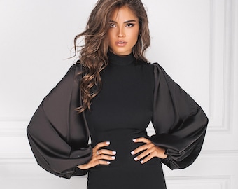 Black Mini Dress, Fitted Little Black Dress with Statement Satin Sleeves, Elegant Cocktail Party Dress