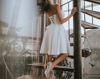 Short Wedding Dress, Corset Dress With Open Back/ Mini White Dress/  White Formal dress/ White  Weeding Dress/ Wedding reception White Dress