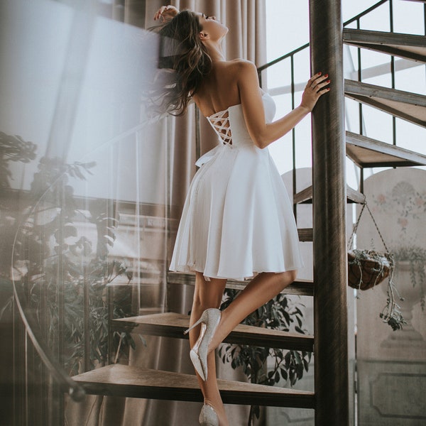 Short Wedding Dress, Corset Dress With Open Back/ Mini White Dress/  White Formal dress/ White  Weeding Dress/ Summer Cocktail White Dress