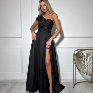 Asymmetrical Designer Formal Dress With High-Slit In Black, Unique Elegant Party Dress For Women, Black-Tie Formal Dress