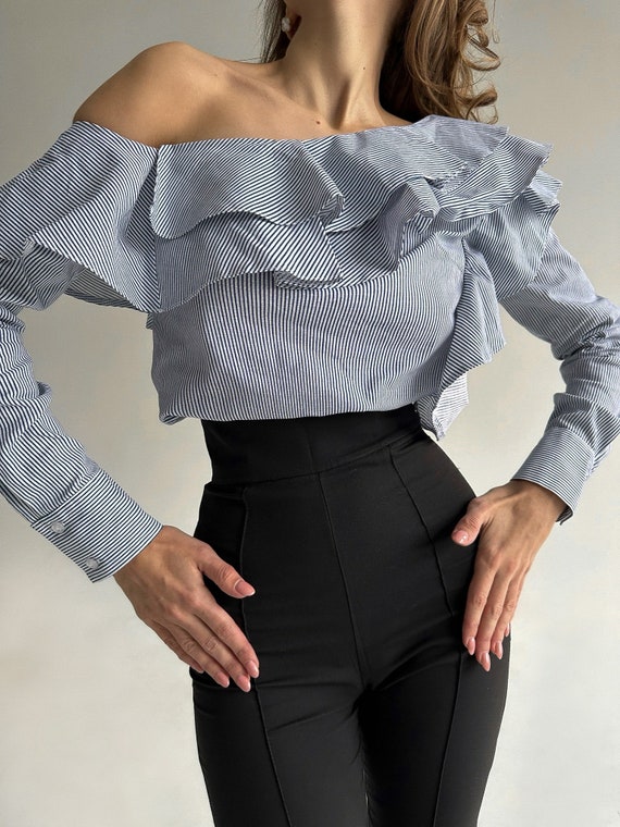 One Shoulder Ruffle Top With Long Sleeve/ Asymmetrical Top