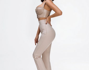 High Waisted Pants In Beige, Elegant Office Trousers For Women