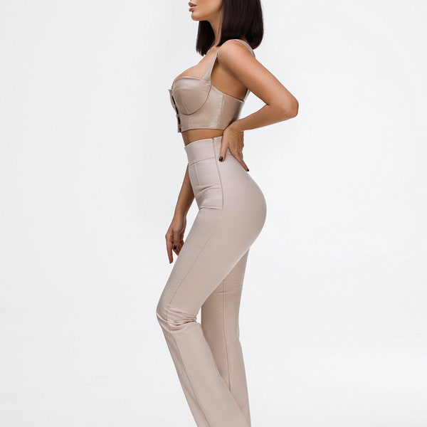 Pantalon taille haute beige, pantalon de bureau élégant pour femme