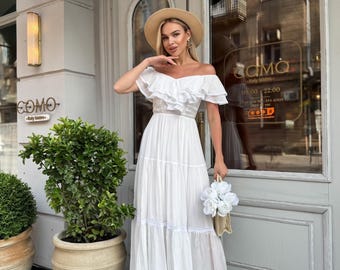 Off Shoulder Bridgerton Romantic White Maxi Dress , Boho Wedding Guest Dress Cottagecore, Linen Lace Ruffle Beach Wedding, Summer Dress
