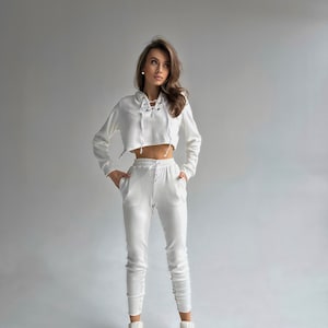 Asymmetrical Pants Set With Crop Top/Lounge white Casual Set/ Extravagant Women Activewear/ Every day Outfit for women