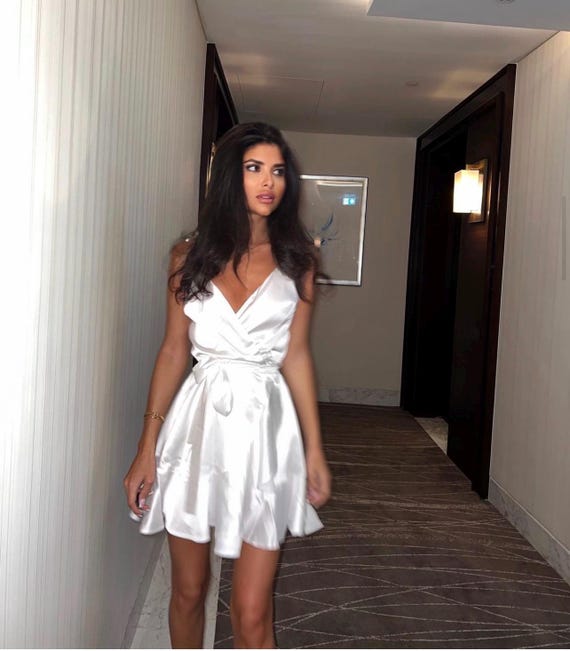 short ruffle wrap dress Cloud Dancer White Satin Ruffle Wrap Mini Dress, Tie Strap Summer Vacation Wear