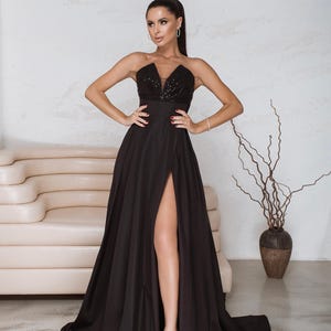 Handmade Custom Black Corset Evening Gown with Sequin Bodice, Slit Skirt & Train | Made to Measure Formal Dress for NYE, Gala, Prom, wedding