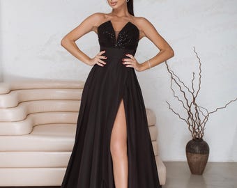Handmade Black Sequin Corset Gown: Slit Skirt, Train, Bespoke Formal Dress, Black Prom Dress, Medieval Dress