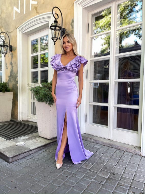 fitted lace wedding dress AVERY Satin Off Shoulder Cowl Neck Bridesmaids Maxi Dress with Side Split