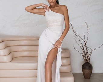 Elegant Maxi Dress, Couture Black Maxi Dress: Asymmetrical Party Dress, Beige Prom Dress, Maxi Beige Dress, Red Carpet long dress