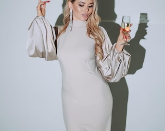 Custom Midi Dress, Stand Collar, Satin Puff Sleeves, Elegant Formal Occasion