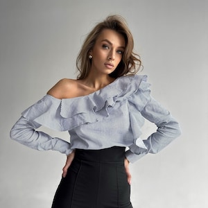 One Shoulder Ruffle Blouse: Striped Long Sleeve Asymmetrical Top