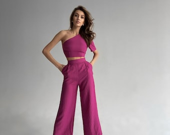 Elegant High Waisted Linen Pants Suit For women/ One Shoulder Lounge Wear Set/ Two Piece Pink Linen Suit with Elegant High Waisted Pants