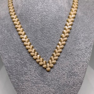 ecru necklace, half tila, Japanese pearl, V-necklace, half tila pearl, gold-plated miyuki pearl, evening necklace, gift for her