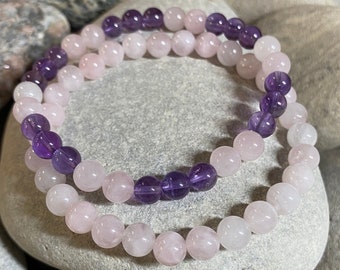 Amethyst, Madagascar Rose Quartz Bracelet Set - 6mm Handmade Semi Precious Gem Bracelet Set