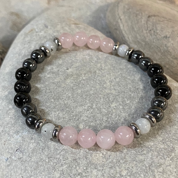 Moonstone, Rose Quartz, Hematite, Tourmaline Wellness Bracelet/Hormone Balance, Calming, Positive Energy, Protection and Spiritual Awareness