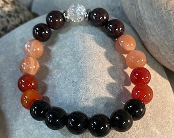 Grounding Power and Protection Wellness Mala Bracelet - Garnet, Sunstone, Carnelian, Obsidian and Crackle Quartz