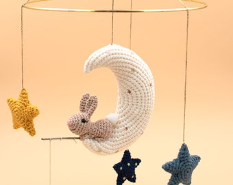 Moon bunny and stars crochet mobile, Bunny on the moon baby mobile, bunny amigurumi baby mobile