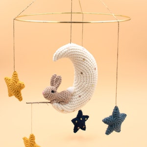 Moon bunny and stars crochet mobile, Bunny on the moon baby mobile, bunny amigurumi baby mobile, PDF pattern in English (US) only.