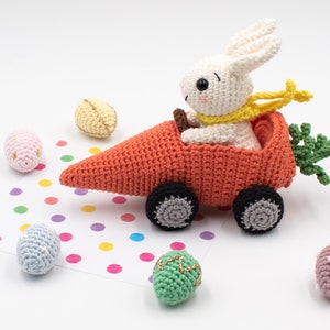 Amigurumi bunny in carrot car crochet pattern, Easter bunny crochet pattern, Easter mini-egg pattern, PDF pattern in English (US) only