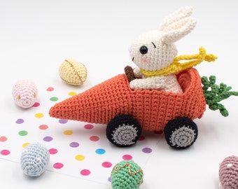 Amigurumi bunny in carrot car crochet pattern, Easter bunny crochet pattern, Easter mini-egg pattern, PDF pattern in English (US) only