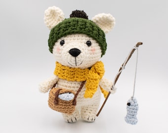 Bruno the fishing polar bear amigurumi pattern, crochet bear pattern, fisherman bear pattern, PDF pattern in English (US) only