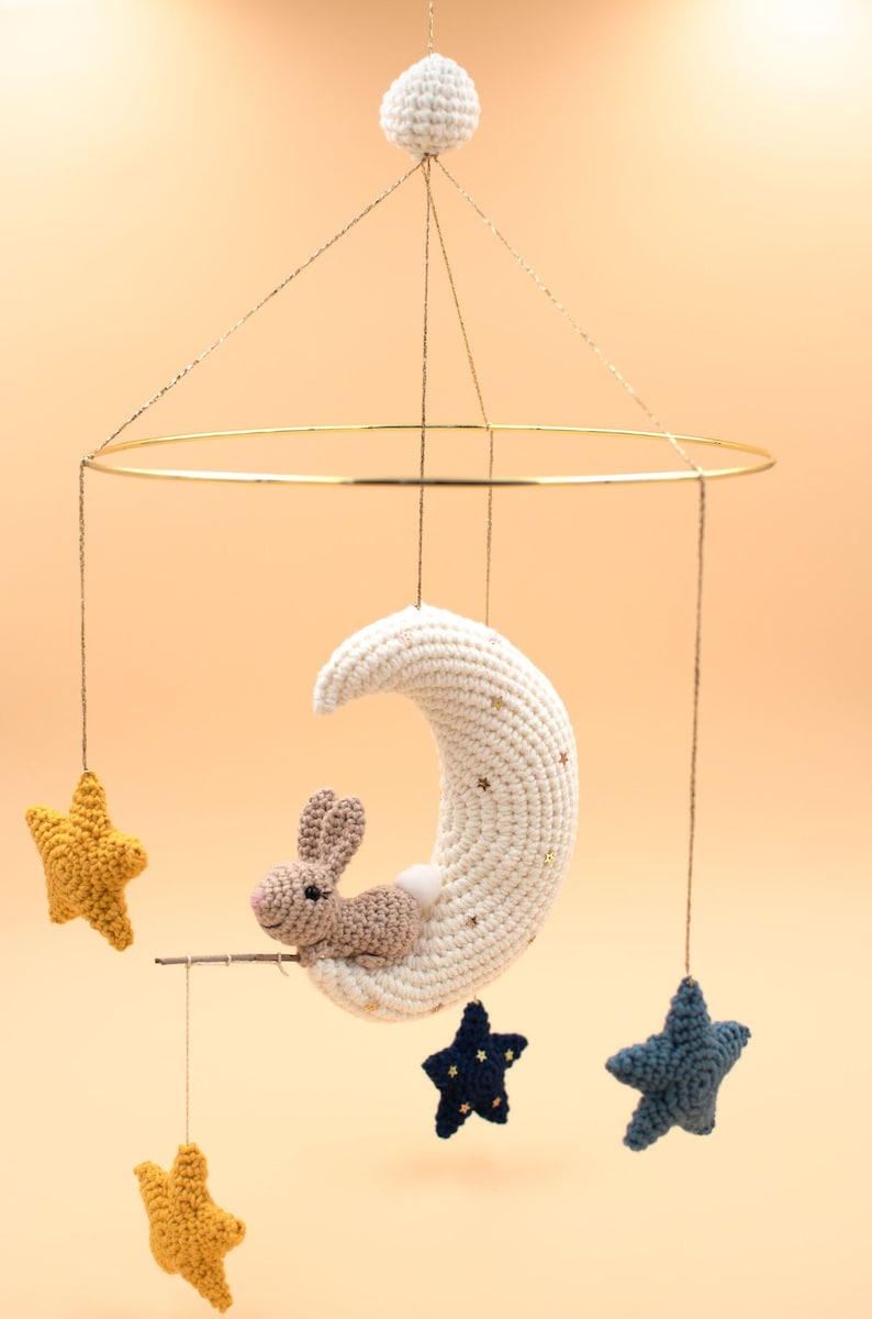 Moon bunny and stars crochet mobile, Bunny on the moon baby mobile, bunny amigurumi baby mobile, PDF pattern in English US only. image 1