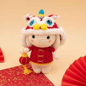 Prosperity Bunny Amigurumi crochet pattern, Chinese new year bunny pattern, lion dance amigurumi bunny pattern