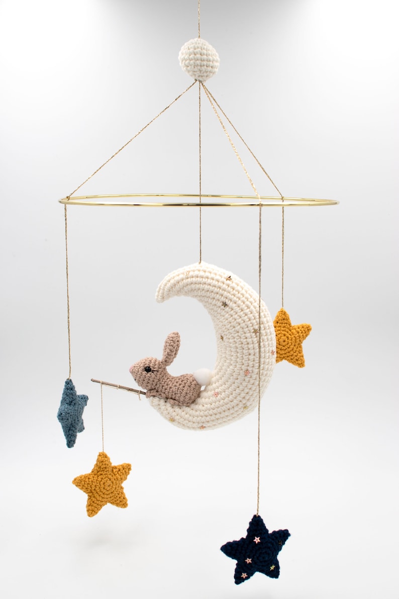Moon Bunny and Stars Crochet Mobile, Bunny on the Moon Baby Mobile ...
